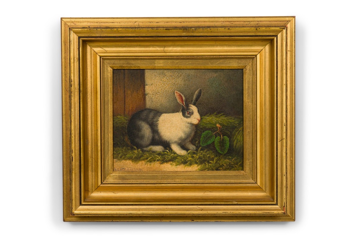 English victorian painting of a grey and white rabbit 