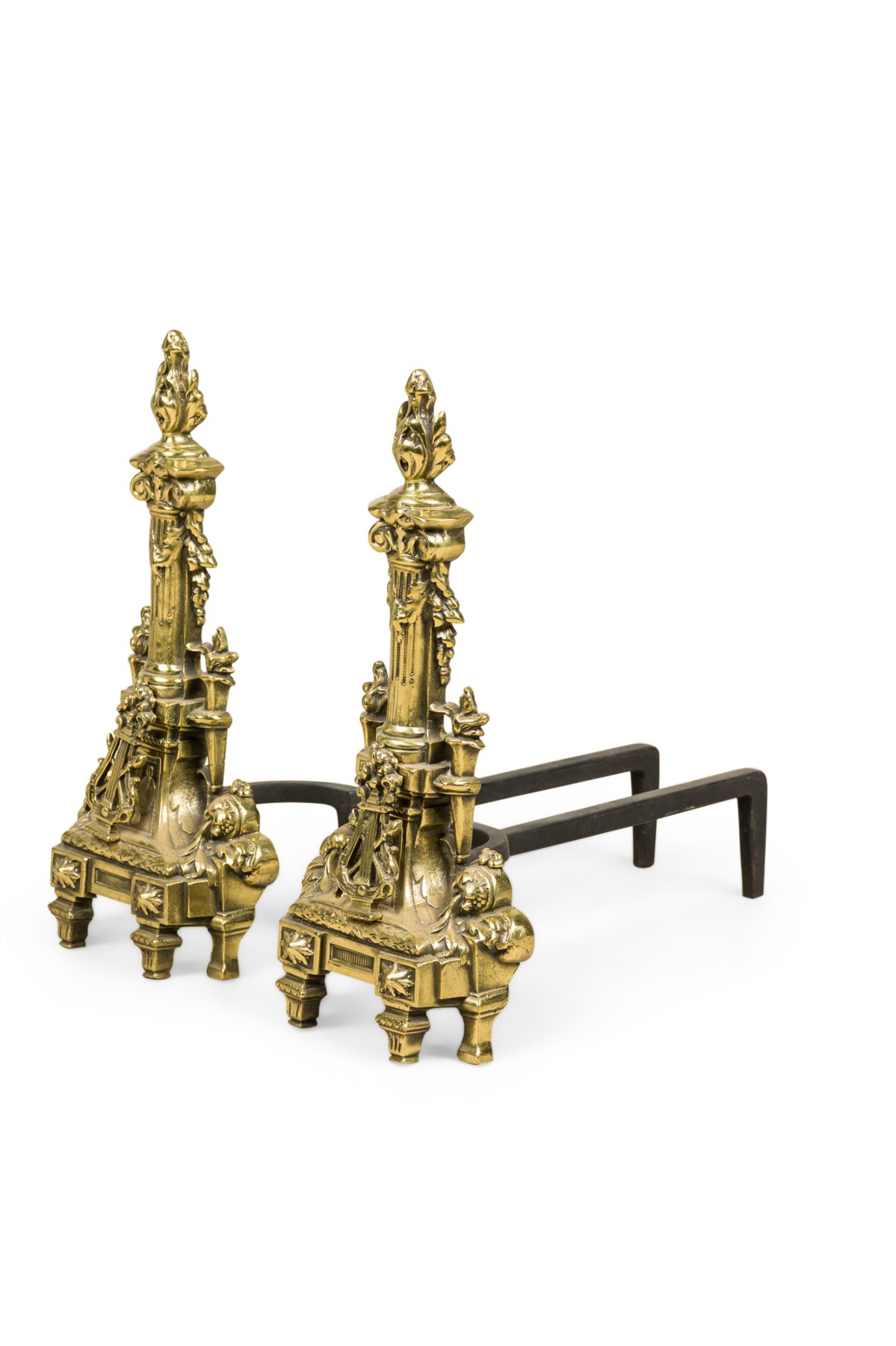 Pair of french louis xvi flame lyre andirons 