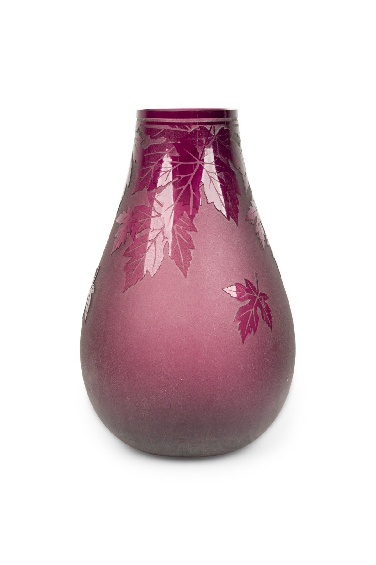 American mid century large red glass vase with leaf designs