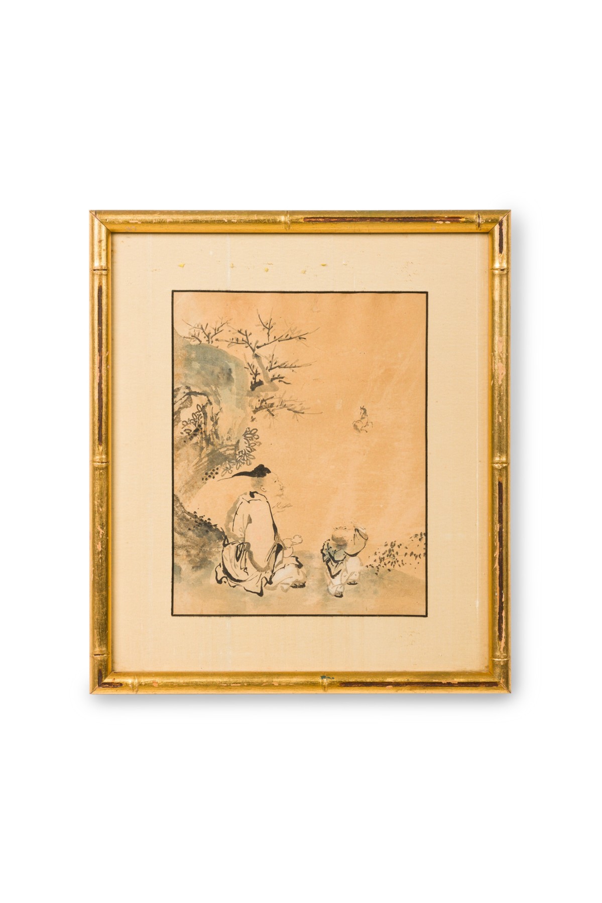 Japanese watercolor of man seated on a cliff 