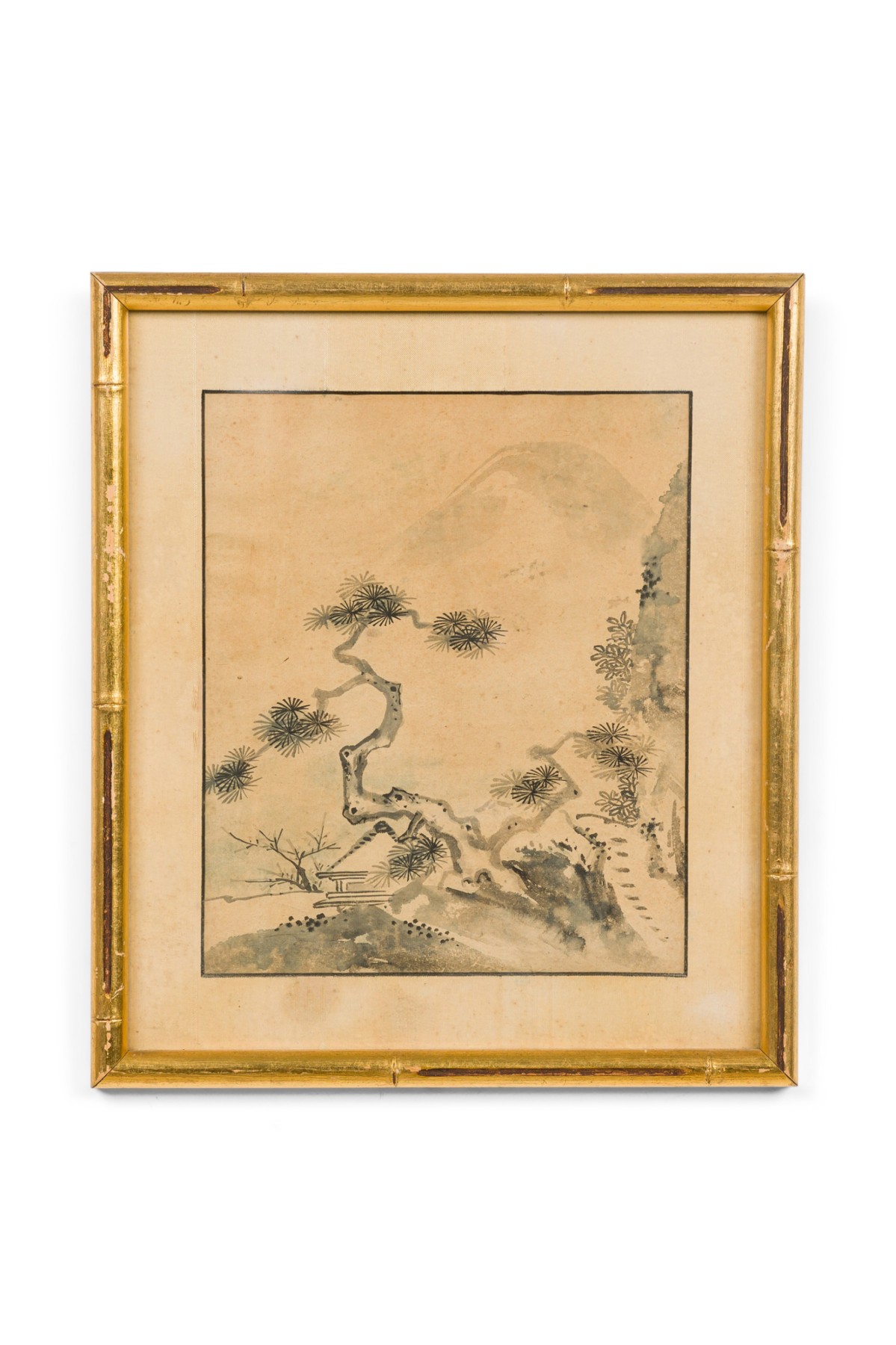 Japanese watercolor of a tree and a temple in the background 