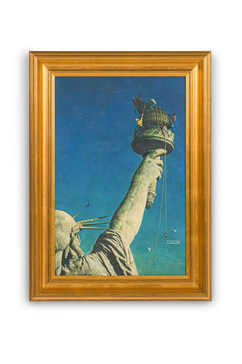 American mid century style framed copy of workers on the statue of liberty