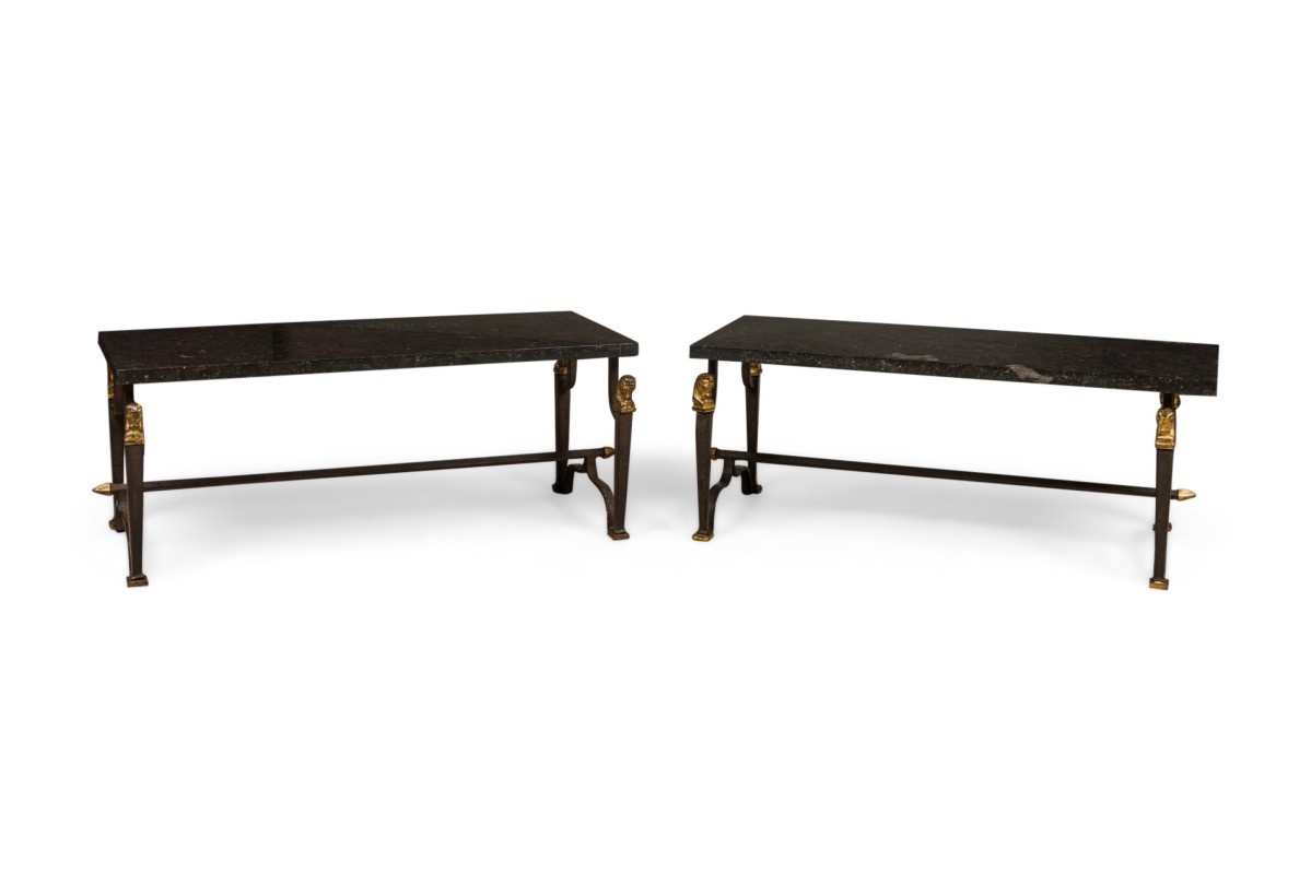 2 similar french mid century bagues wrought iron and marble tables