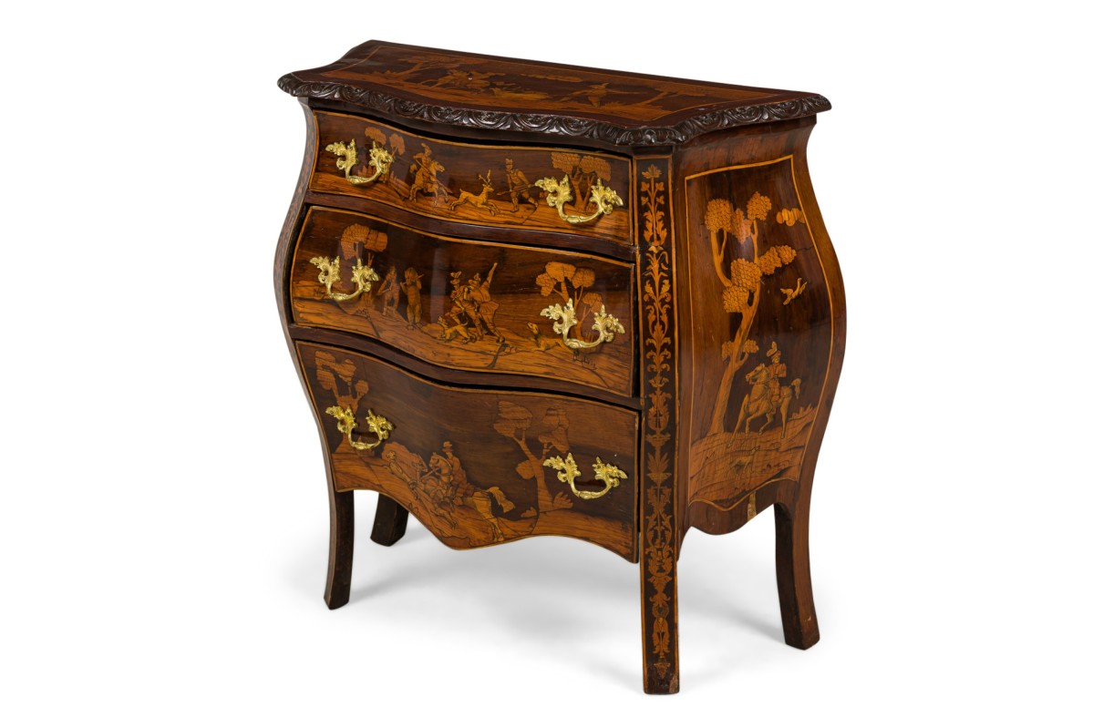 French louis xv style inlaid bombe shaped commode