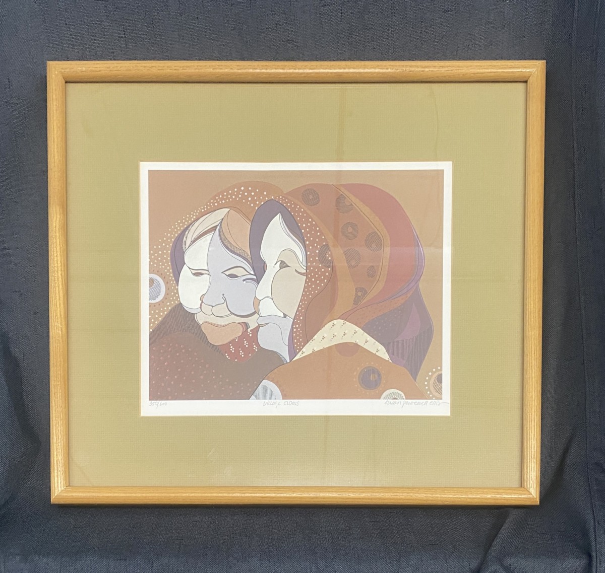 Framed american conteemporary serigraph print village elders