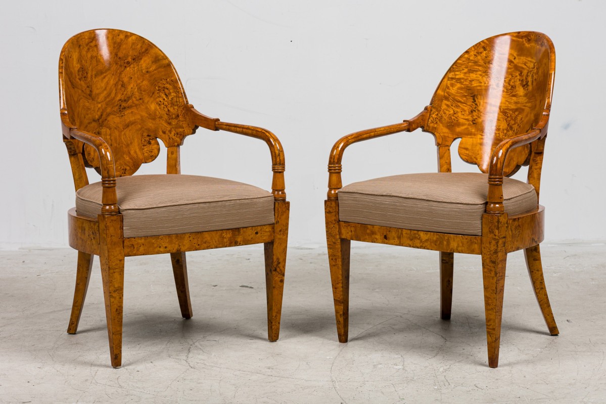 Pair russian karelian birch arm chairs