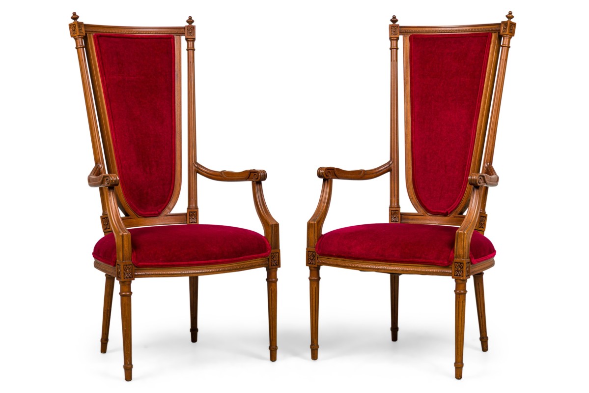 French louis xvi style red upholstered high back armchairs