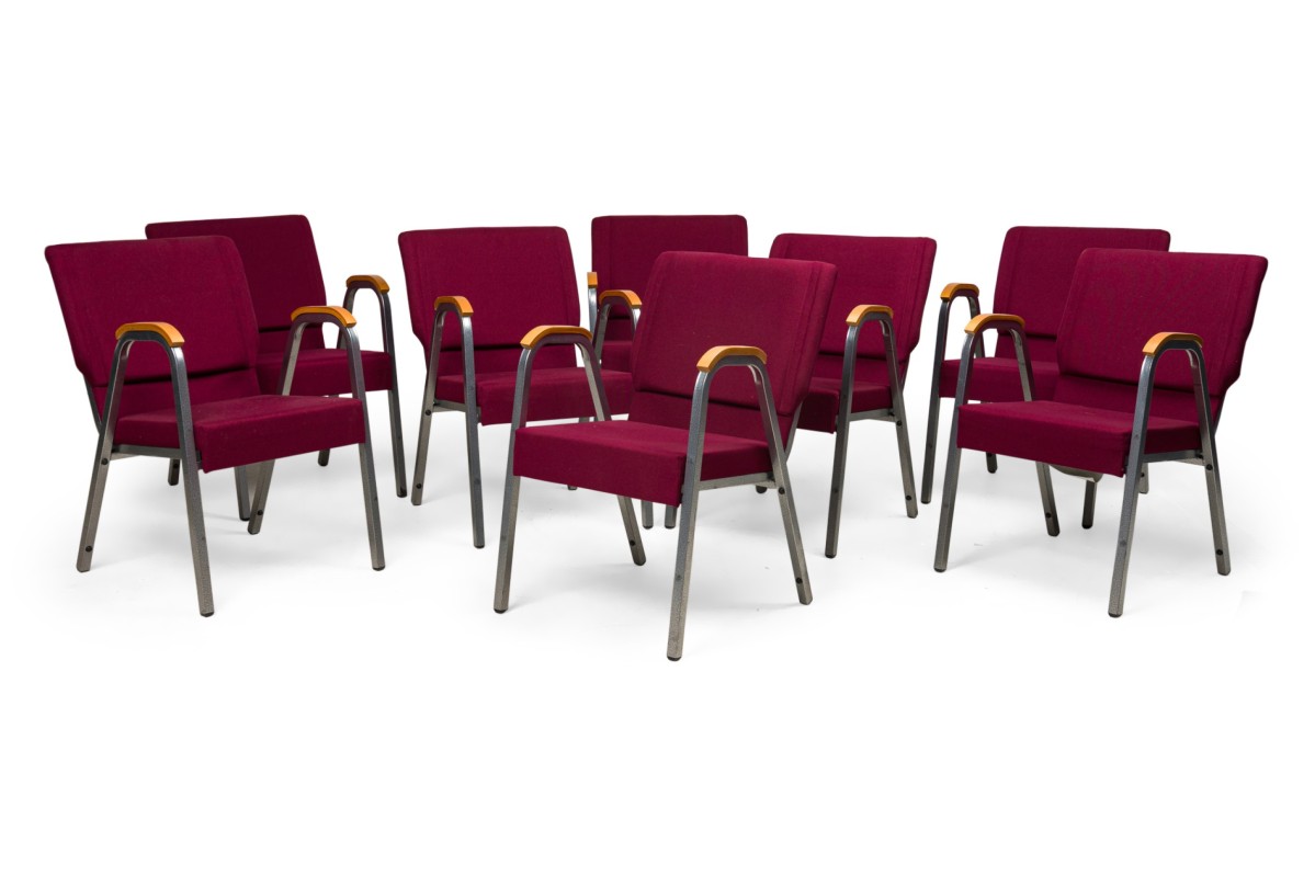 American mid century red fabric upholstered auditorium chairs