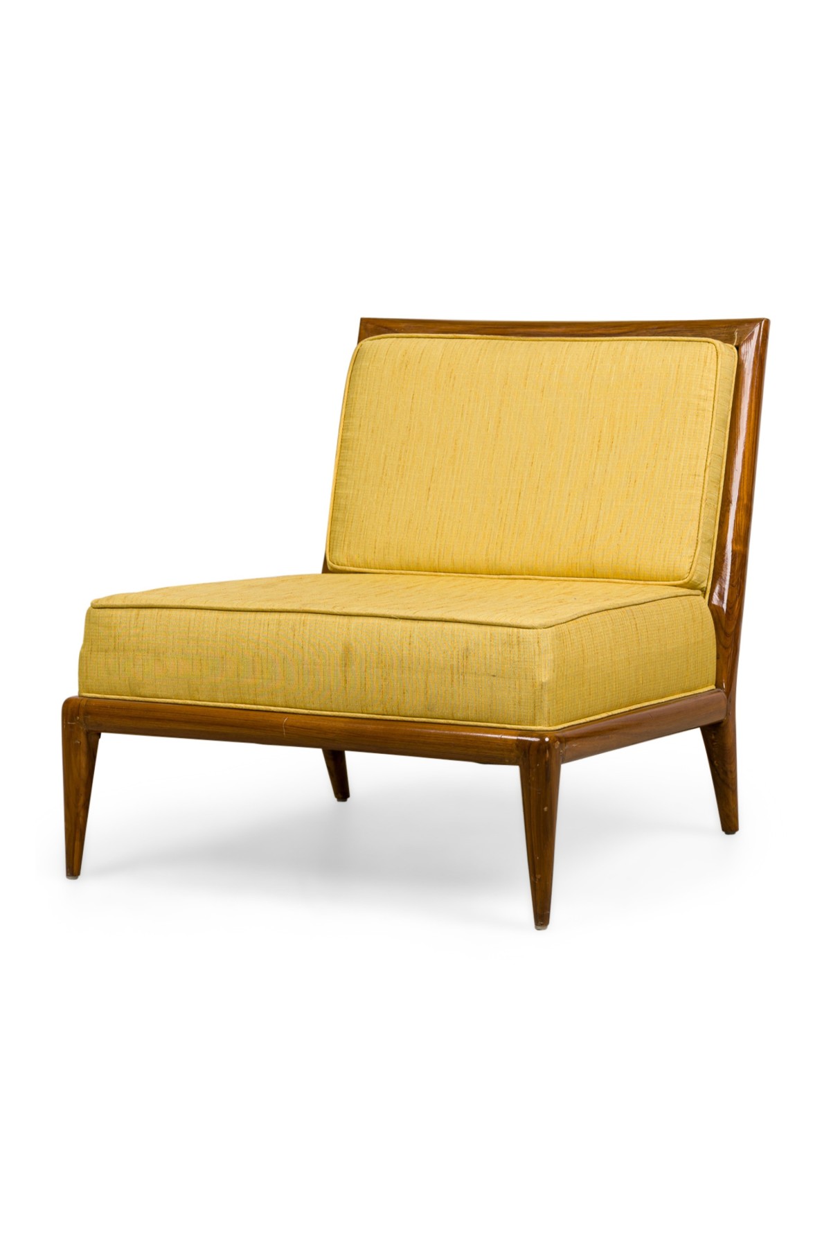 American mid century yellow fabric upholstered lounge chairs c