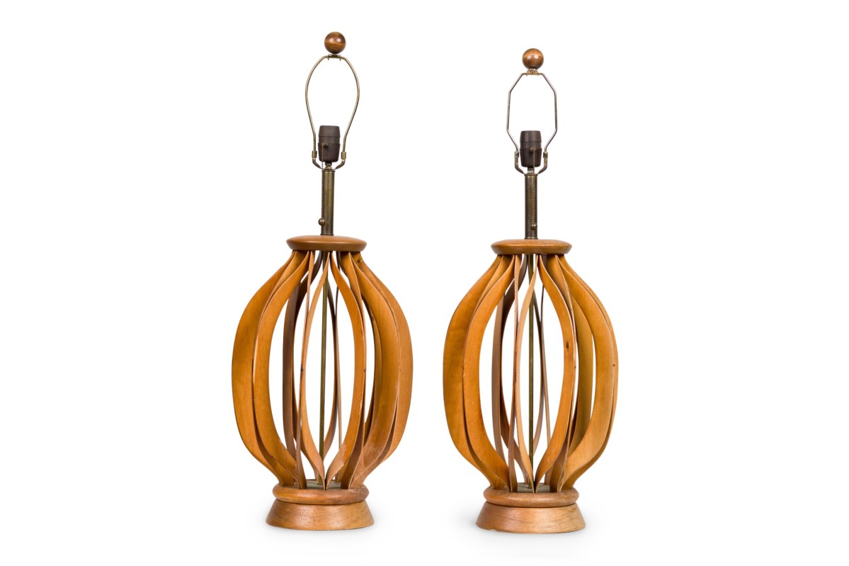 American mid century ribbon style wooden table lamps