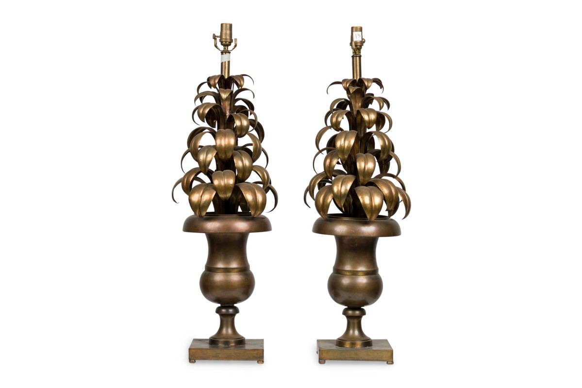 Italian mid century brass foliated garniture lamps