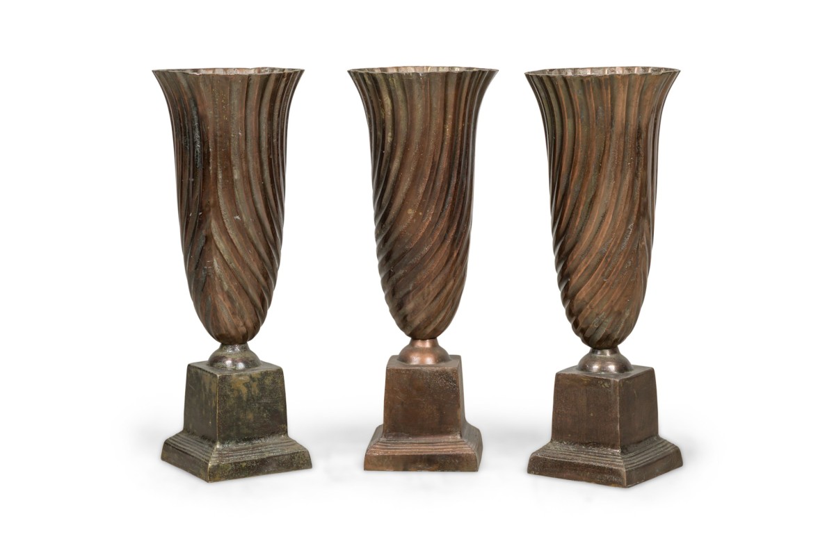 French neoclassical tall brass vases with swirl design
