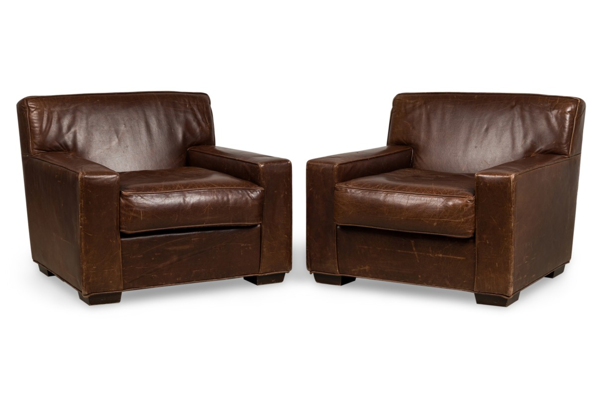 American mid century brown leather lounge chairs pair