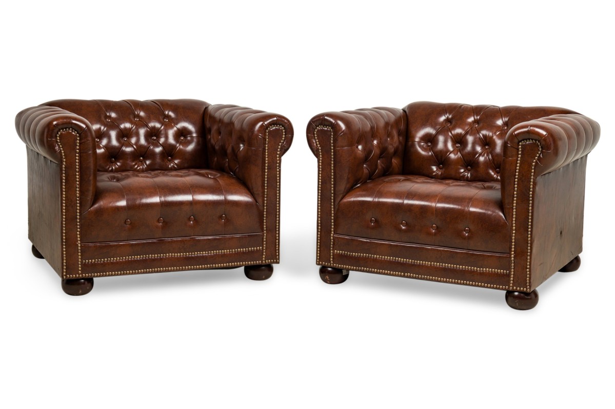 English victorian chesterfield style brown tufted lounge chairs