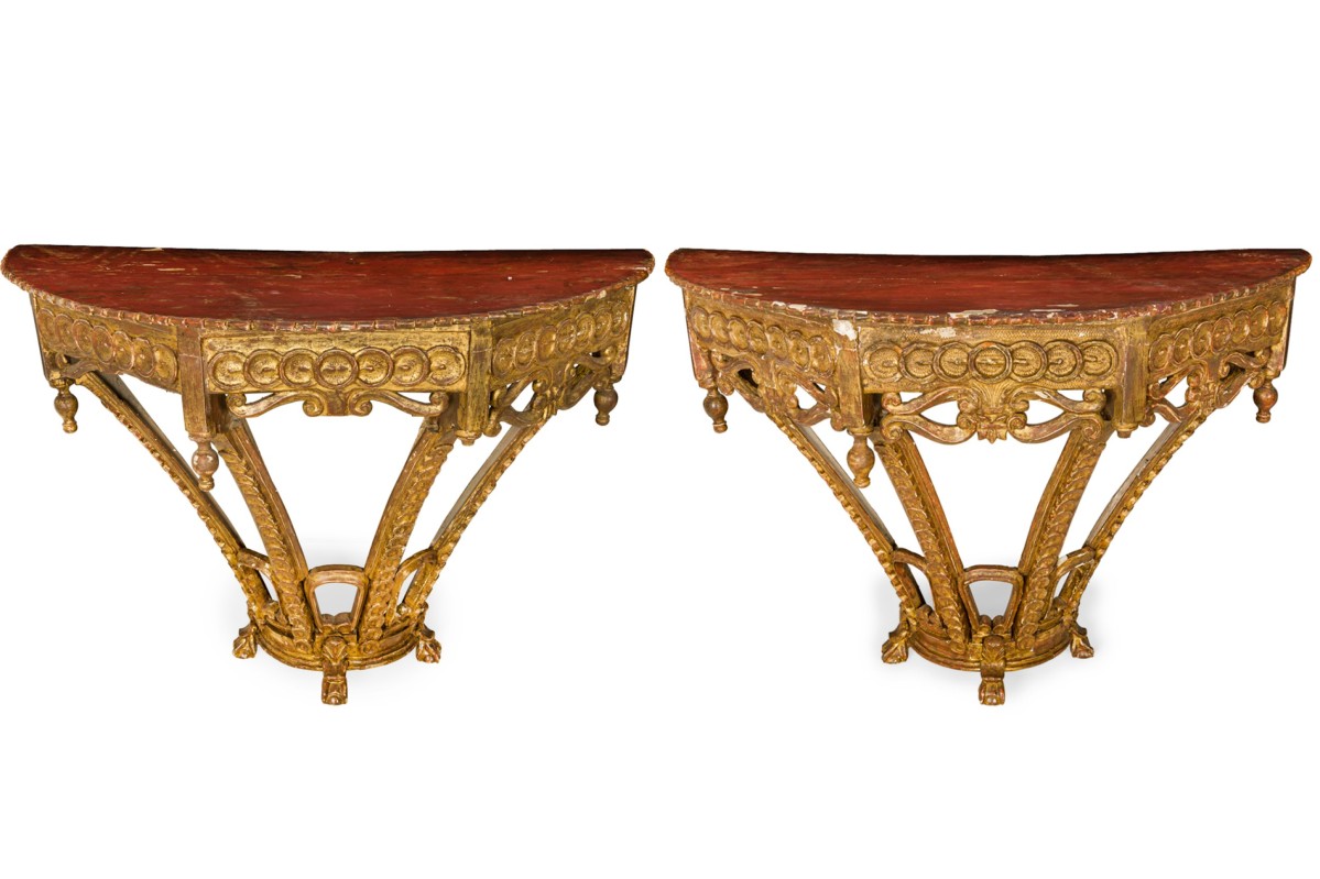 18th century pair spanish carved giltwood and painted top wall mounted console tables 