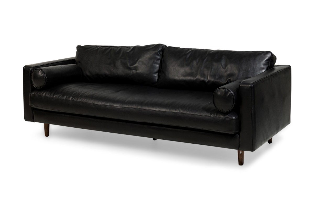 Contemporary american taupe black leather upholstered sofa