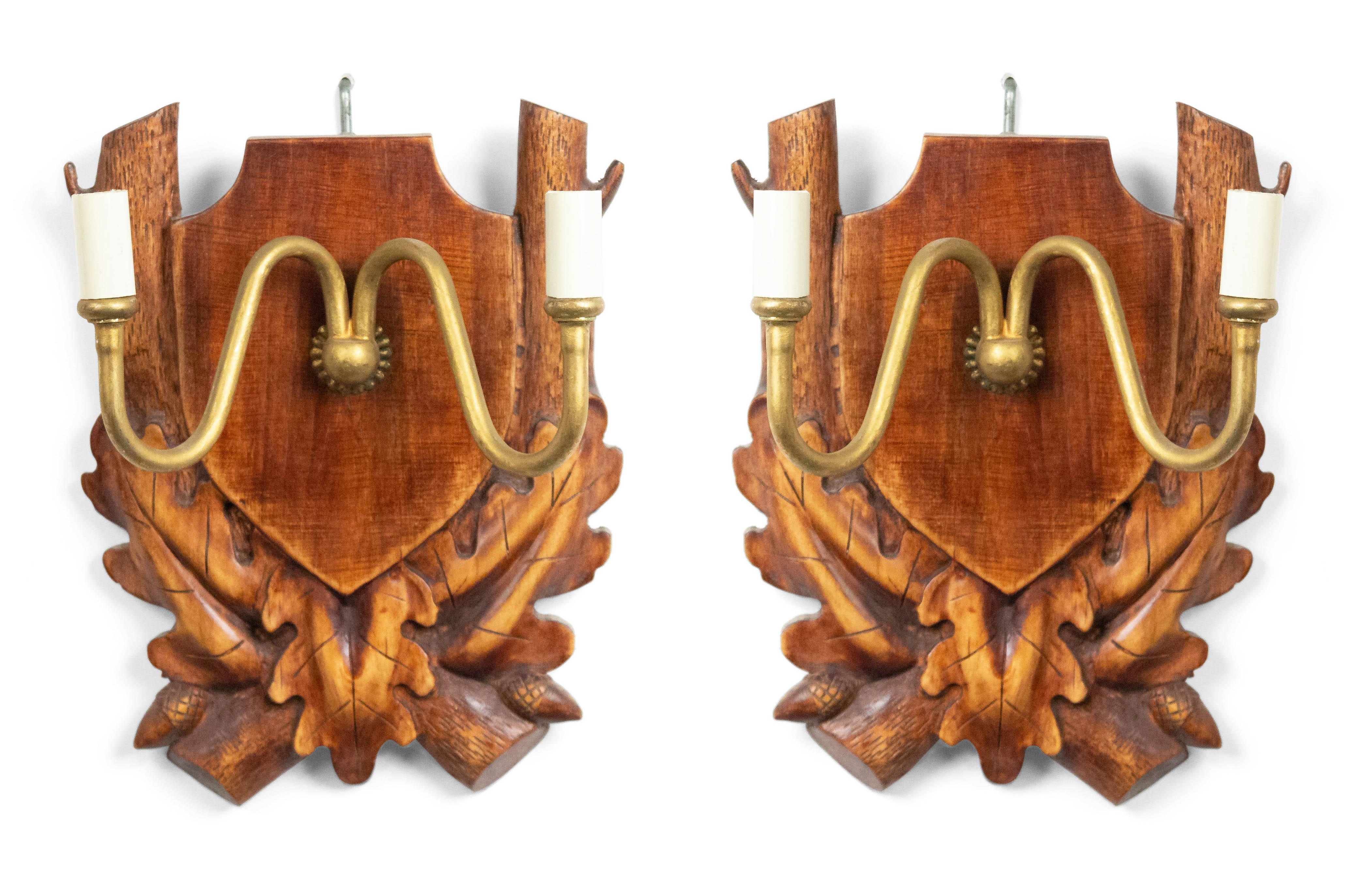 Rustic black forest wood and brass wall sconces 1