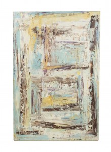 Abstract painting of black squares with blue and yellow stokes