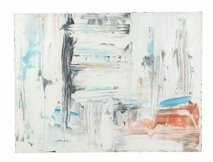 Abstract black and white painting with red and blue strokes