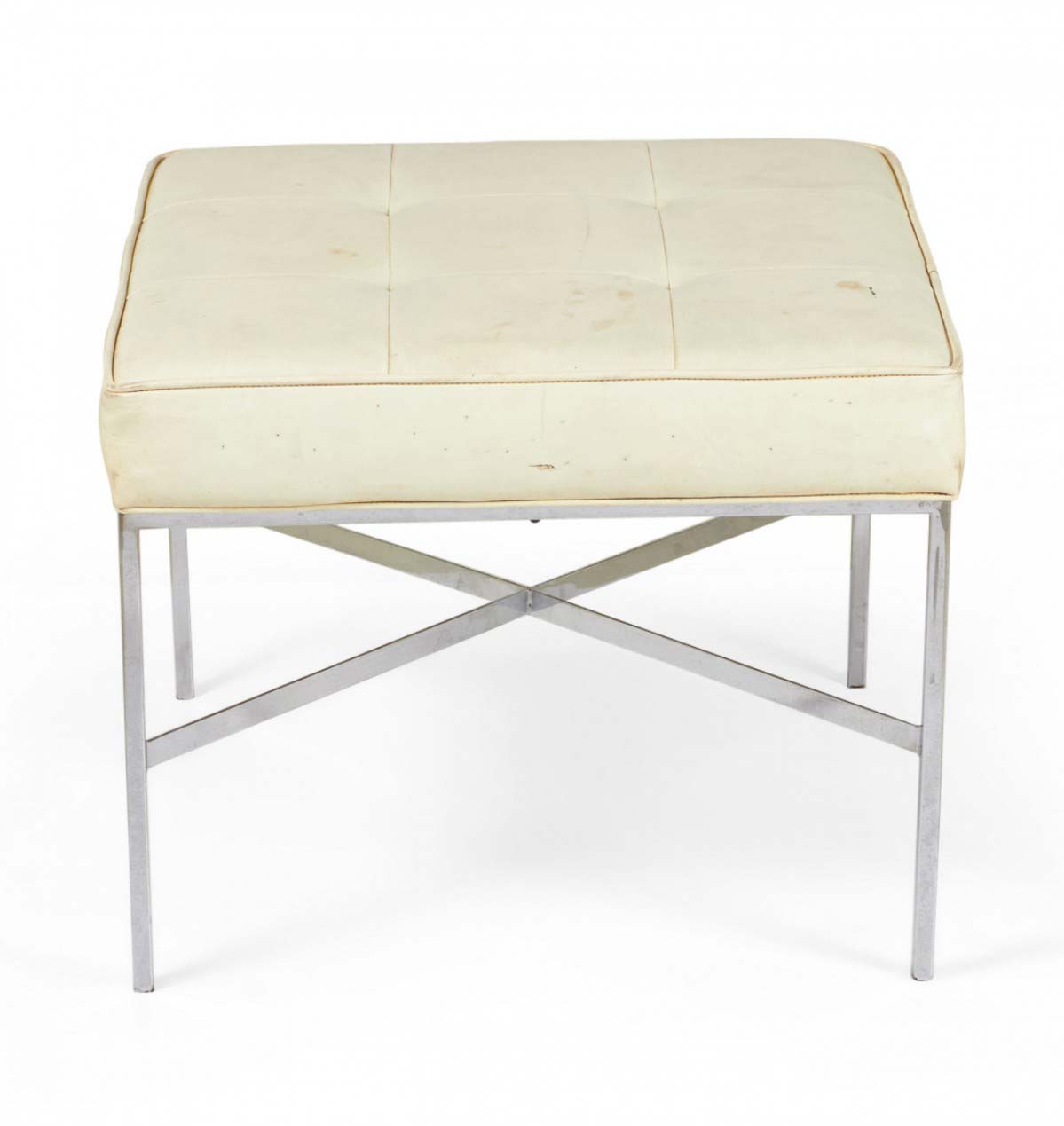 Design Institute of America Modernist Chrome and Button Tufted White Vinyl Square Bench