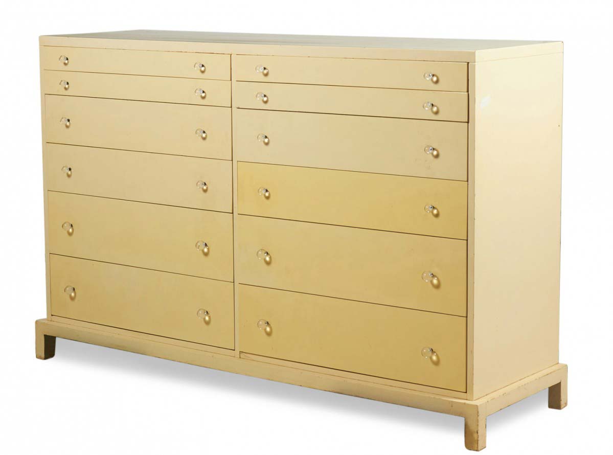 TH Robsjohn Gibbings for Widdicomb Furniture American Mid Century Beige Painted Twelve Drawer Dresser