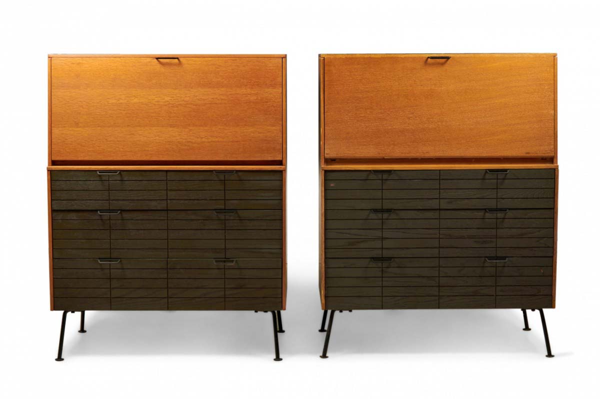 Raymond Loewy for Mengel Furniture American Mid Century Fall Front Walnut and Iron Secretary Cabinet