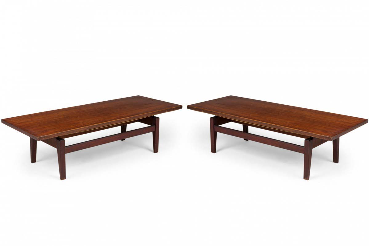 Pair of Jens Risom Danish Mid Century Floating Top Walnut Coffee Table Benches