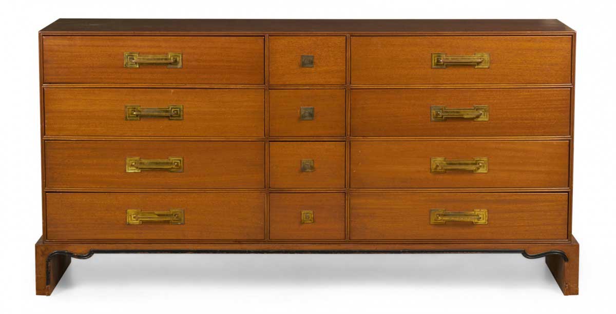 Tommi Parzinger for Charak American Mid Century Walnut and Brass Twelve Drawer Chest