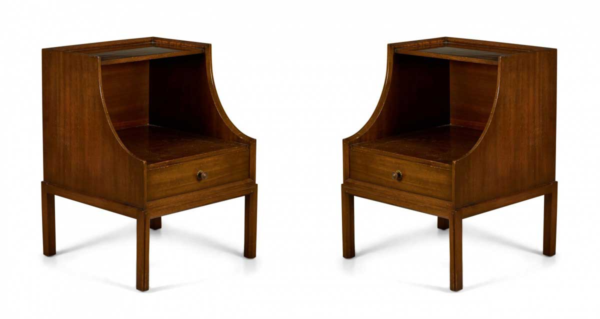 Pair of Tommi Parzinger for Charak American Mid Century Walnut Scoop Front Bedside Tables Nightstands