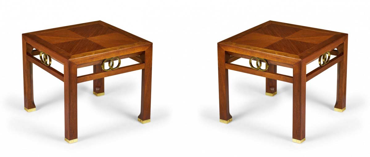 Michael Taylor for Baker American Mid Century Walnut and Brass Interlocking Ring Design End Table