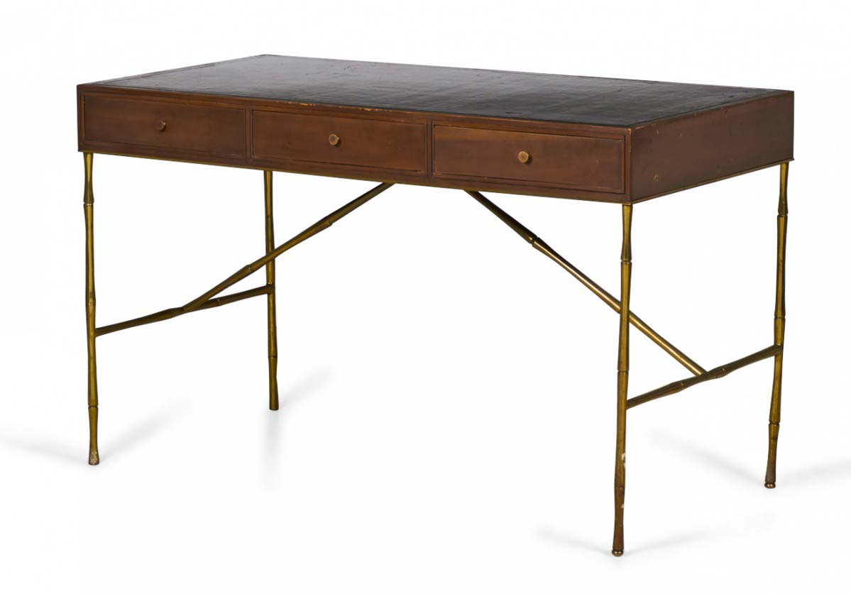 Baker Furniture American Mid Century Walnut Leather and Brass Faux Bamboo Desk