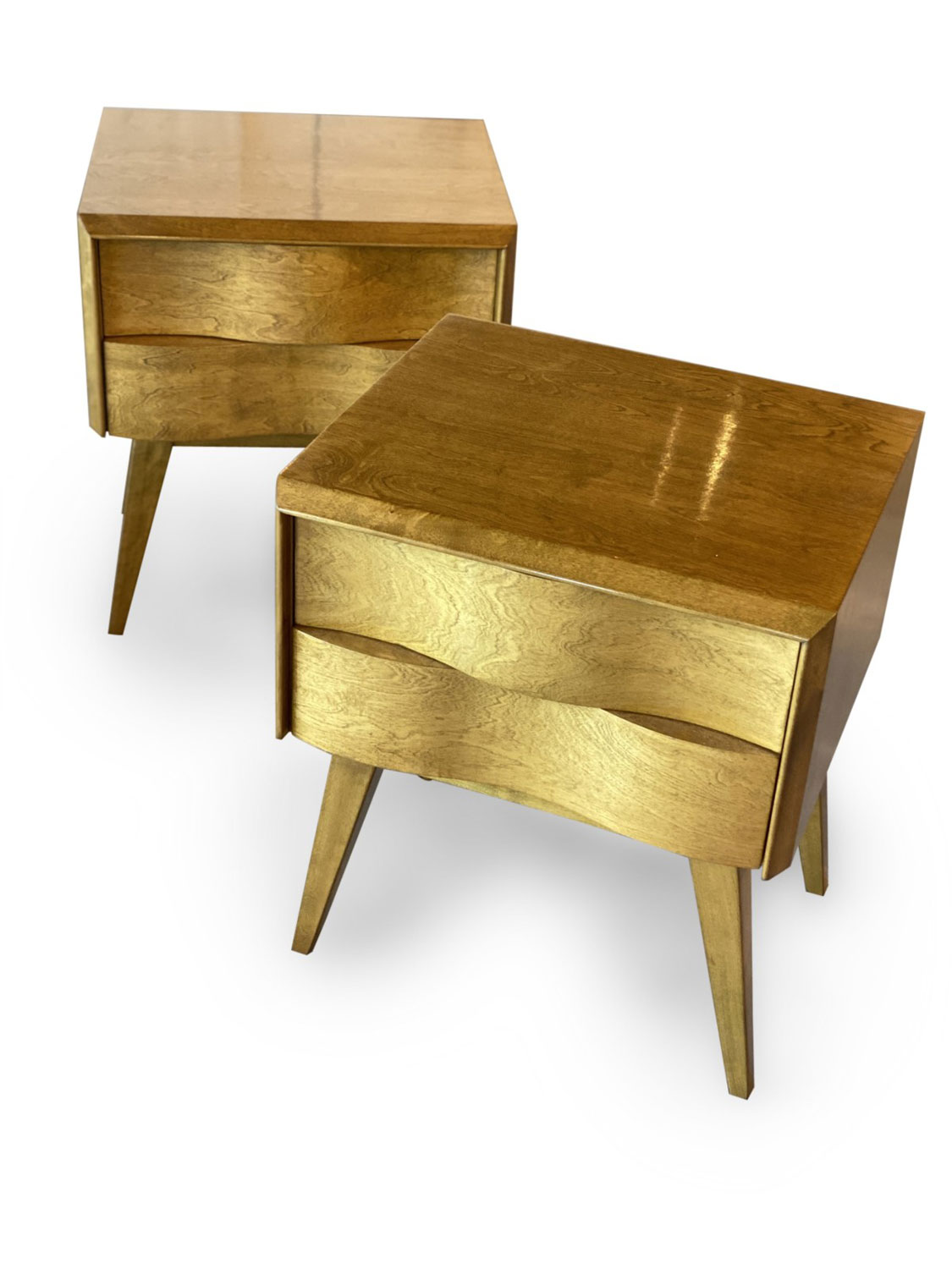 Pair of Edmond Spence Swedish Mid Century Wave Front Birchwood Nightstands