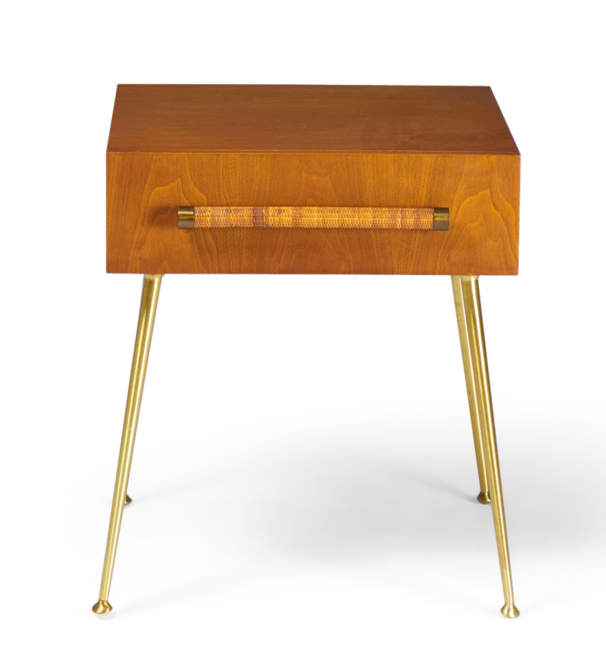 TH Robsjohn Gibbings for Widdicomb Mid Century Walnut Brass and Rattan Single Drawer Nightstand A