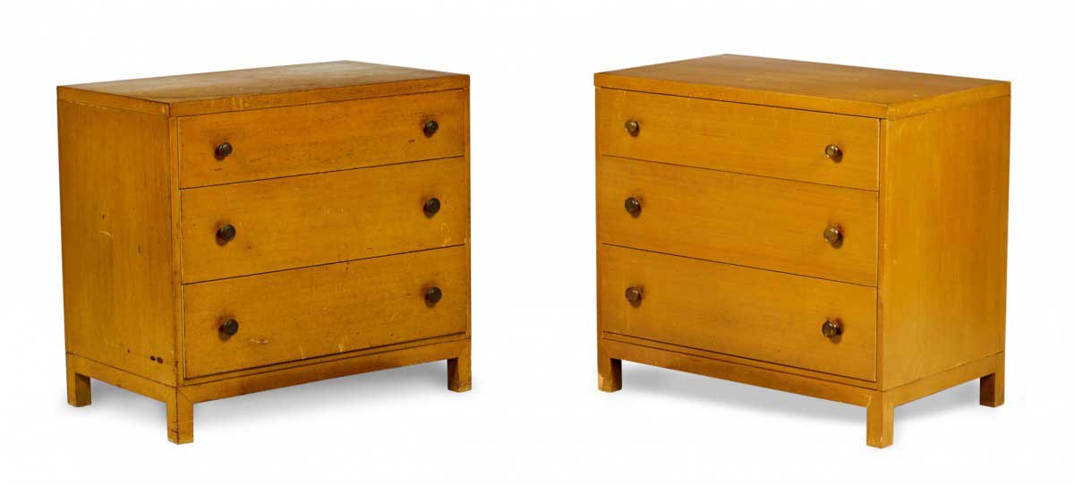 Pair of widdicomb modern american mid century walnut three drawer chests