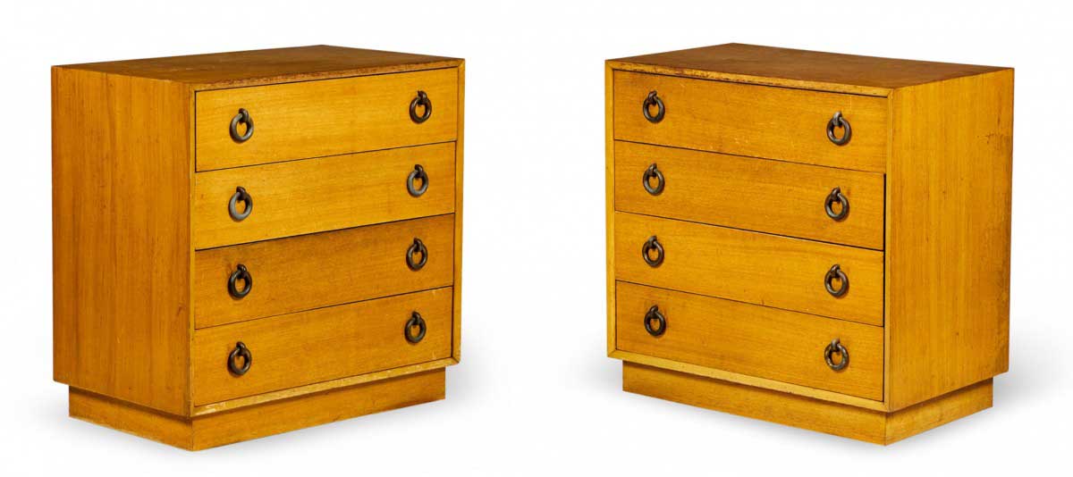 Pair of american mid century walnut and brass ring 4 drawer chest