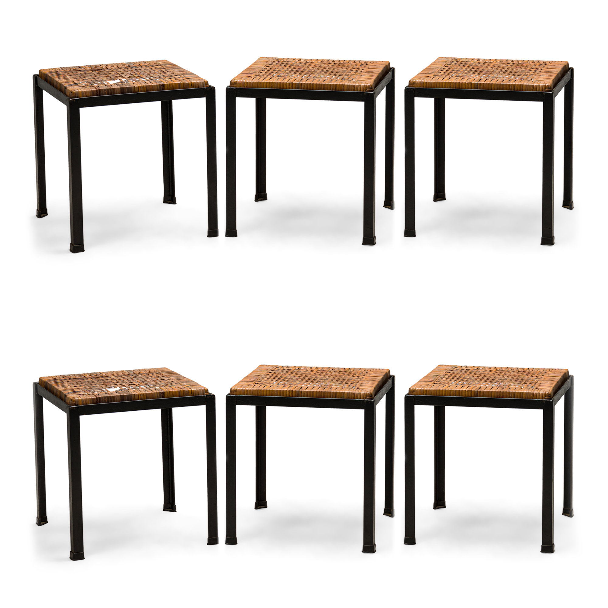Set of 6 Danny Ho Fong Tropi Cali Osetsu Dai Woven Cane and Angle Iron Stools