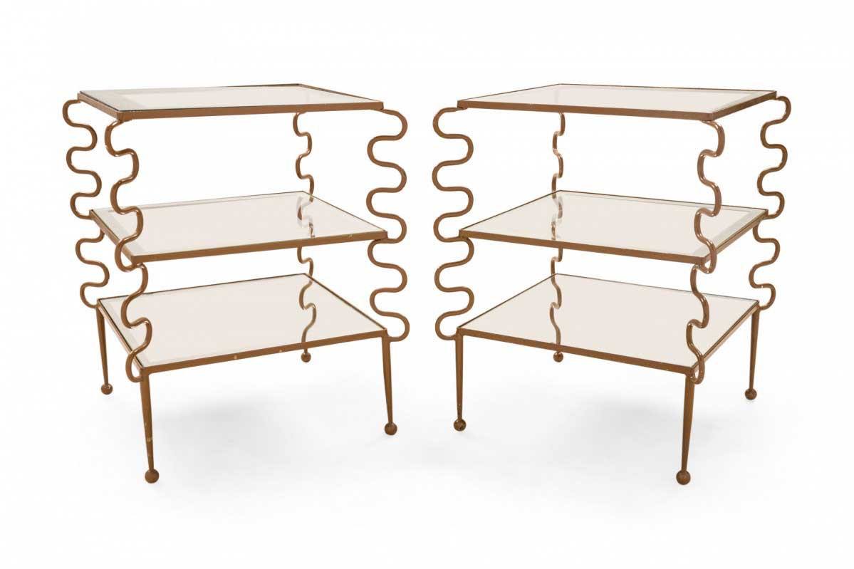 Pair of Jean Royere French Mid Century Ondulation Metal and Glass End Side Tables