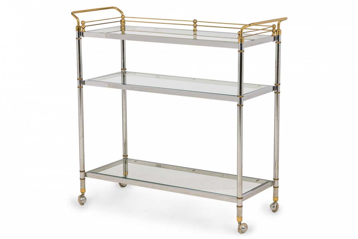 Hollywood Regency High Style Chrome and Brass Three Tier Serving Trolley