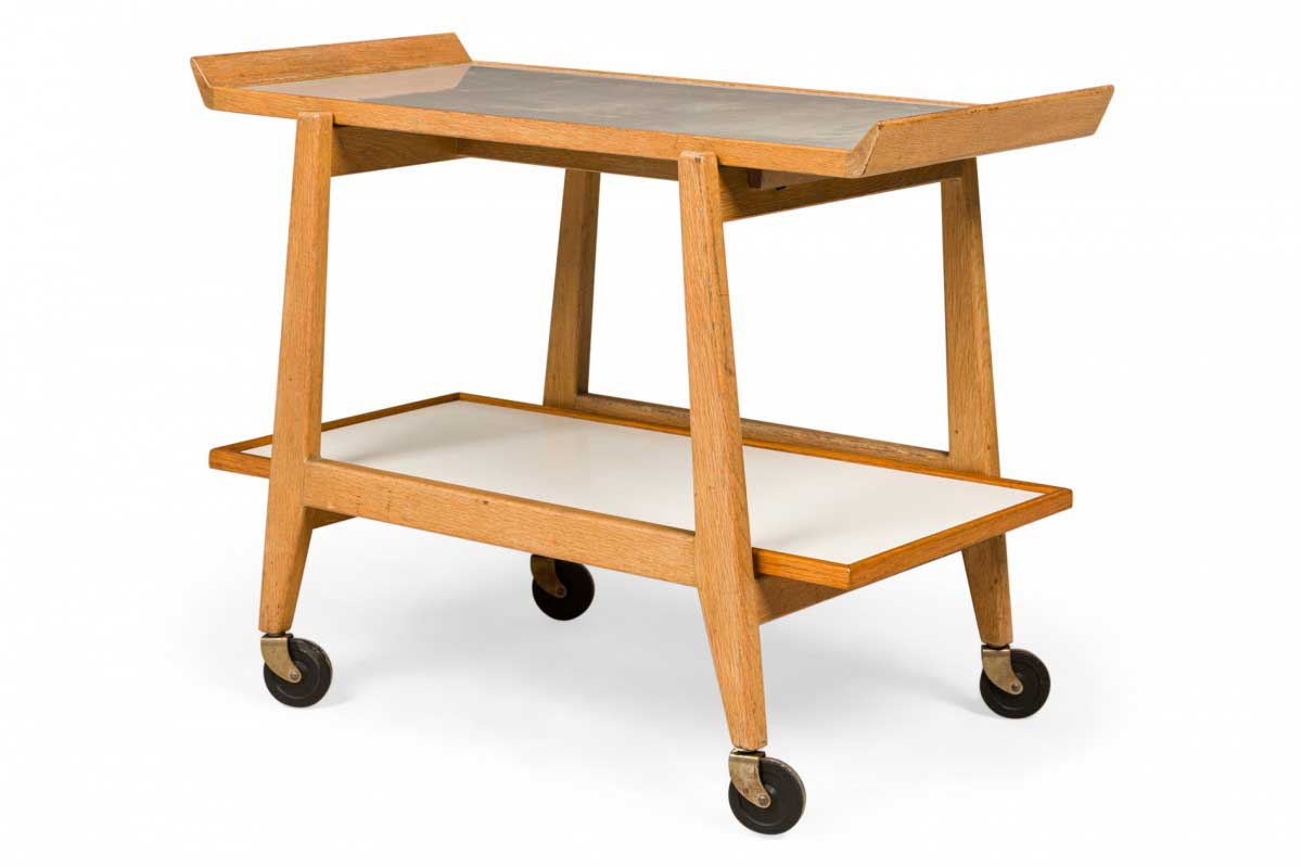 Jens Risom Danish Mid Century Oak and Light Gray Laminate Serving Trolley