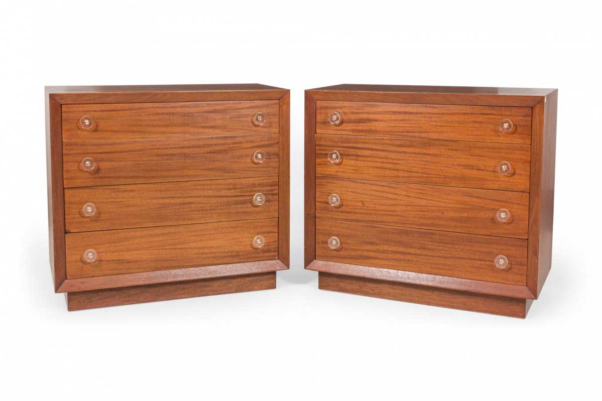 Pair of Modern Age Mid Century Ribbon Mahogany and Lucite Disk Drawer Full Four Drawer Commodes