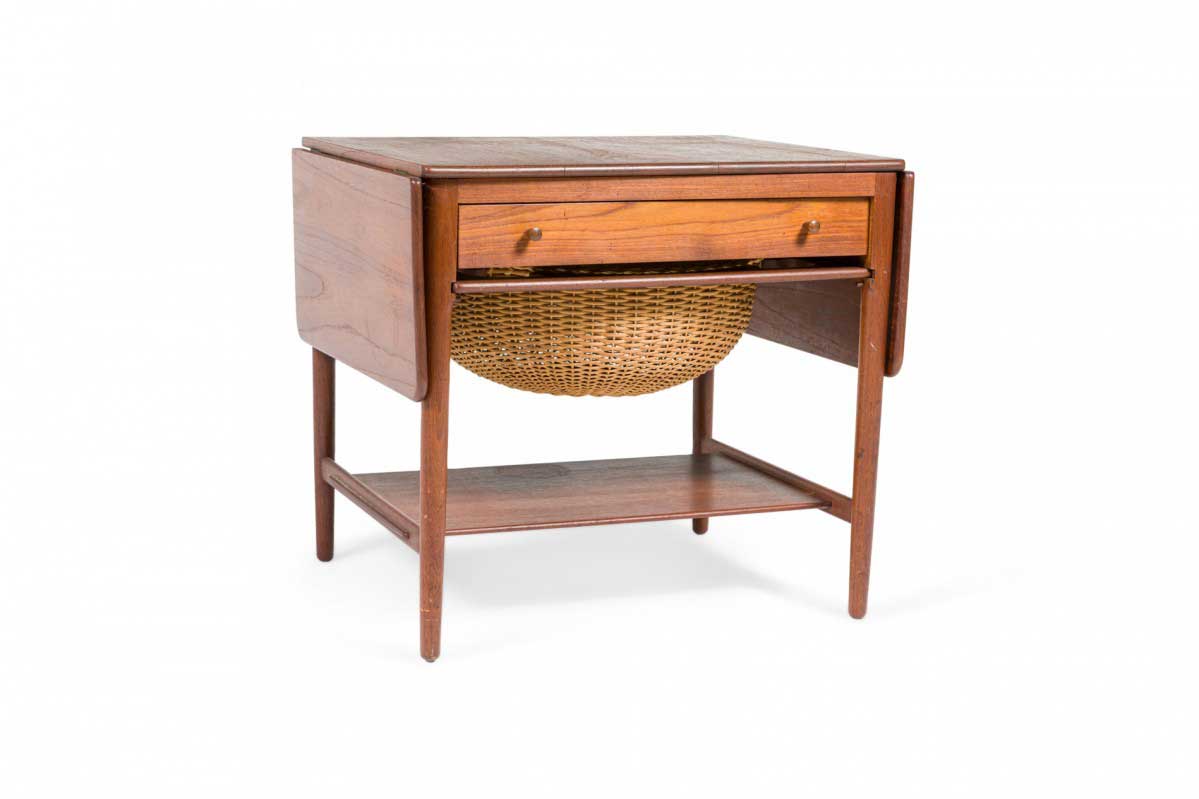 Hans Wegner for Andreas Tuck Danish Mid Century Teak and Wicker Drop Leaf Sewing Table 1