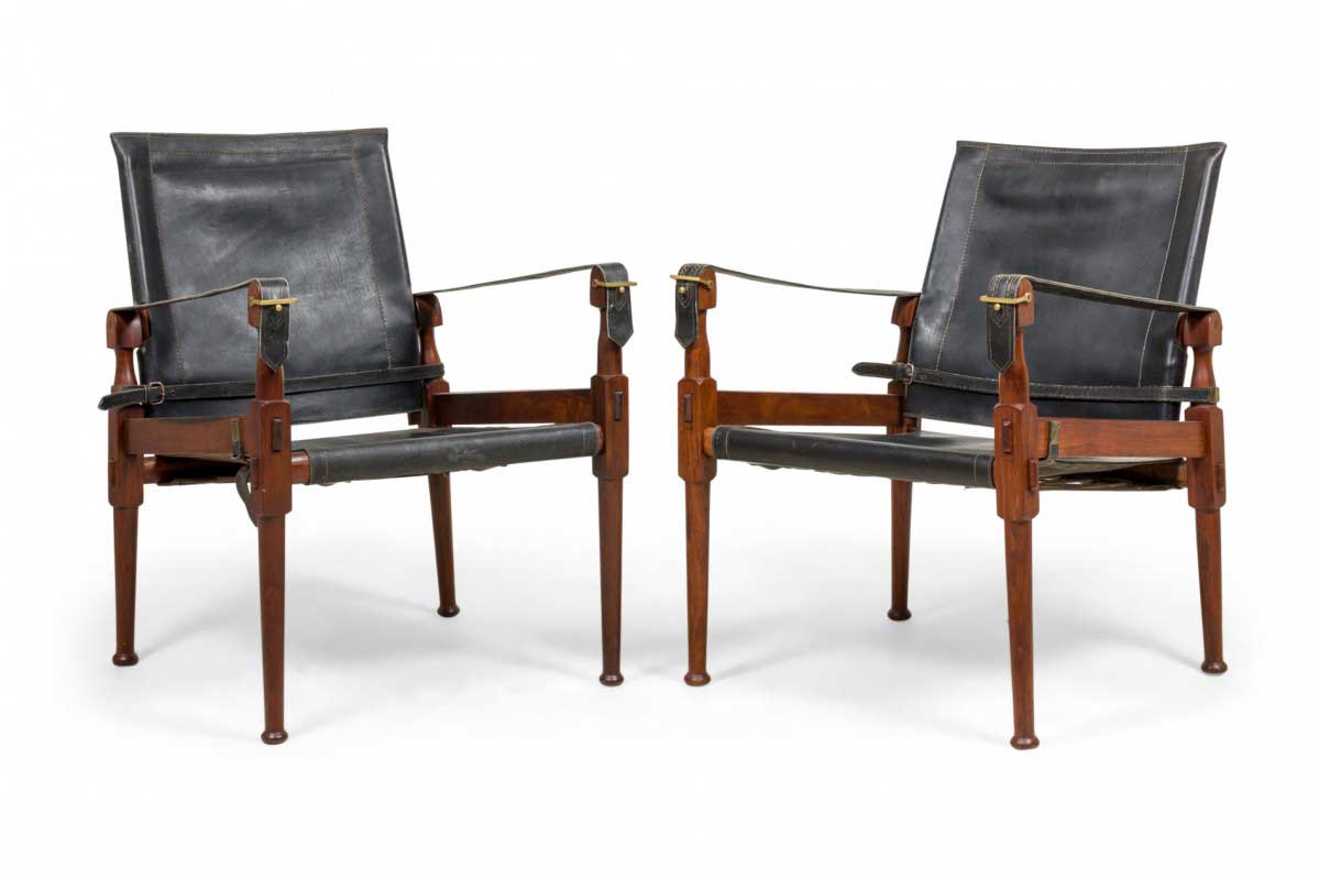 Pair of Hayat Brothers Pakistani Mid Century Roorkee Safari Black Leather Sling Campaign Chairs