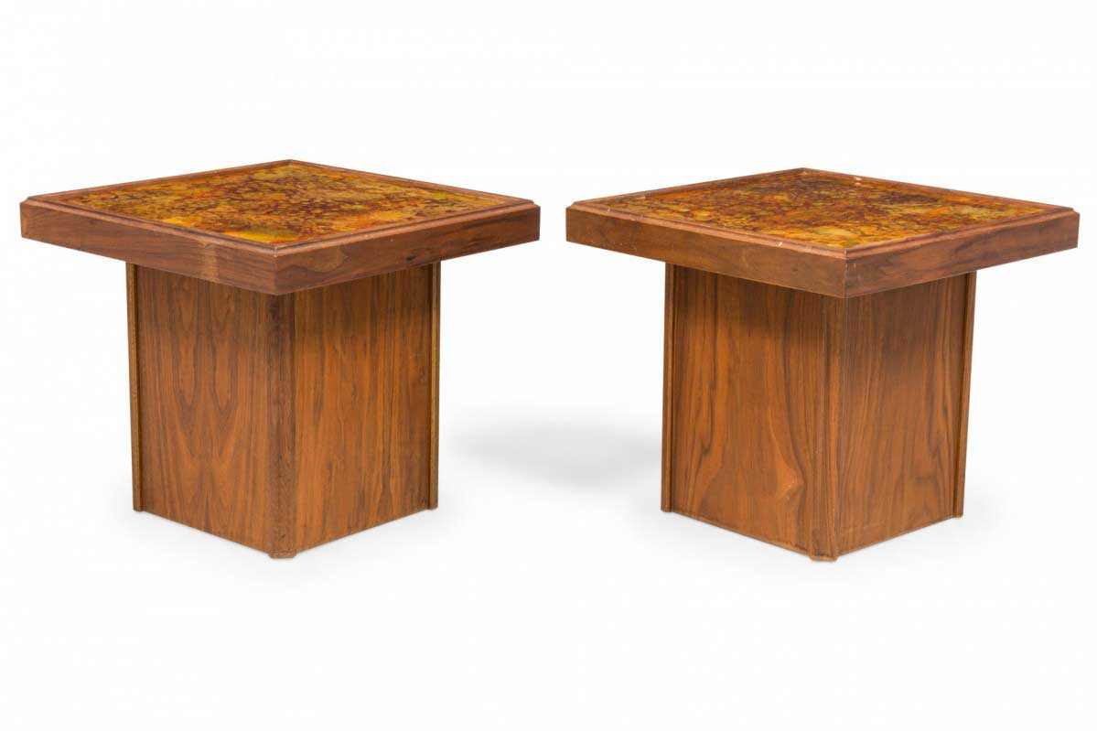 John Keal American Mid Century Square Reverse Painted Glass and Walnut End Side Tables