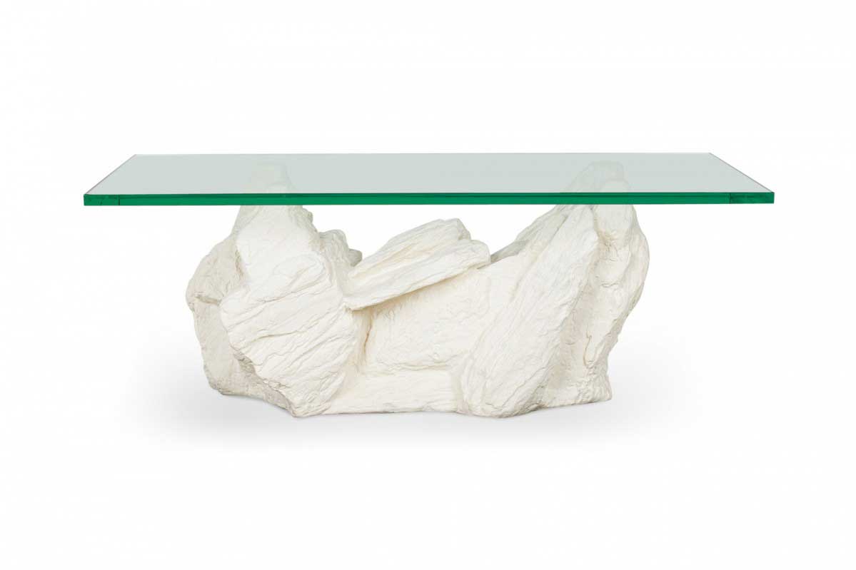 Sirmos American Mid Century White Plaster and Glass Faux Bois Stone Coffee Table