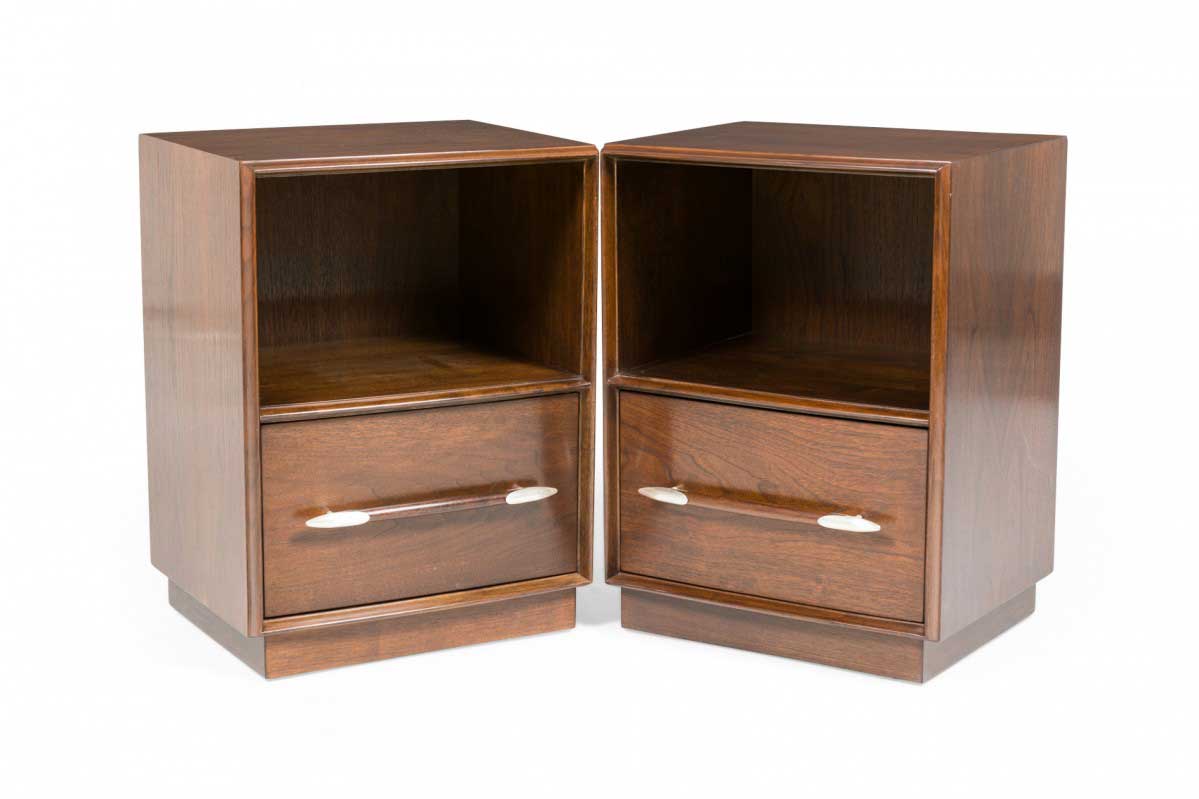 Pair of TH Robsjohn Gibbings Walnut Single Drawer Open Compartment Side End Tables