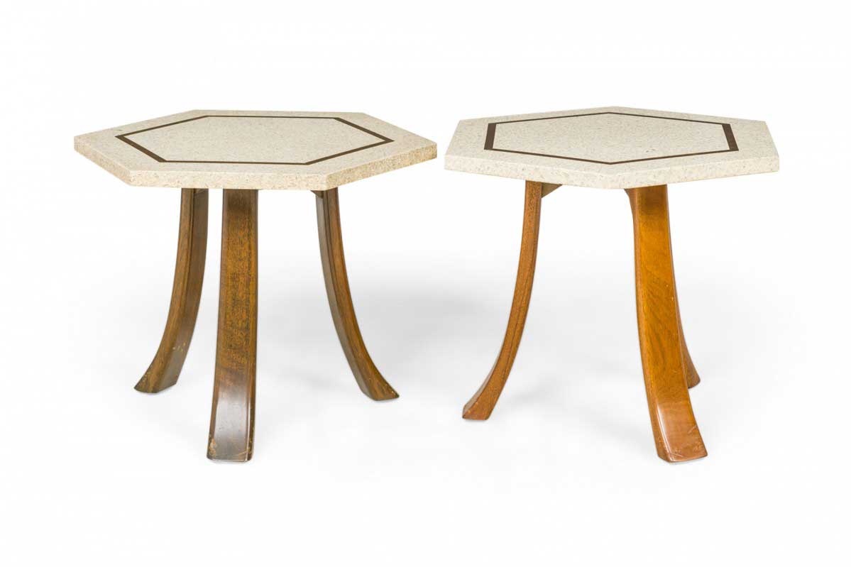 Pair of Harvey Probber Mid Century White Terrazzo and Bronze Inlay Hexagonal End Side Tables 1