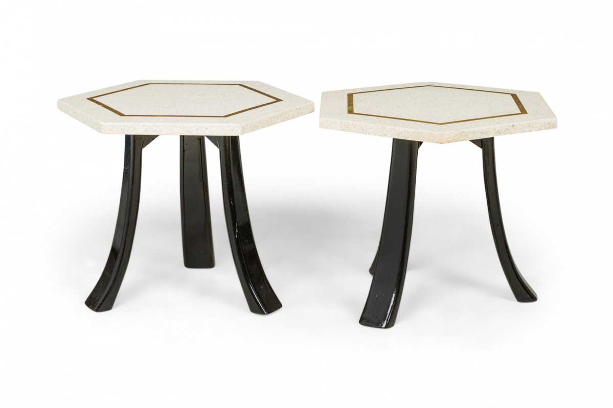 Pair of Harvey Probber Mid Century White Terrazzo and Bronze Inlay Hexagonal End Side Tables 5