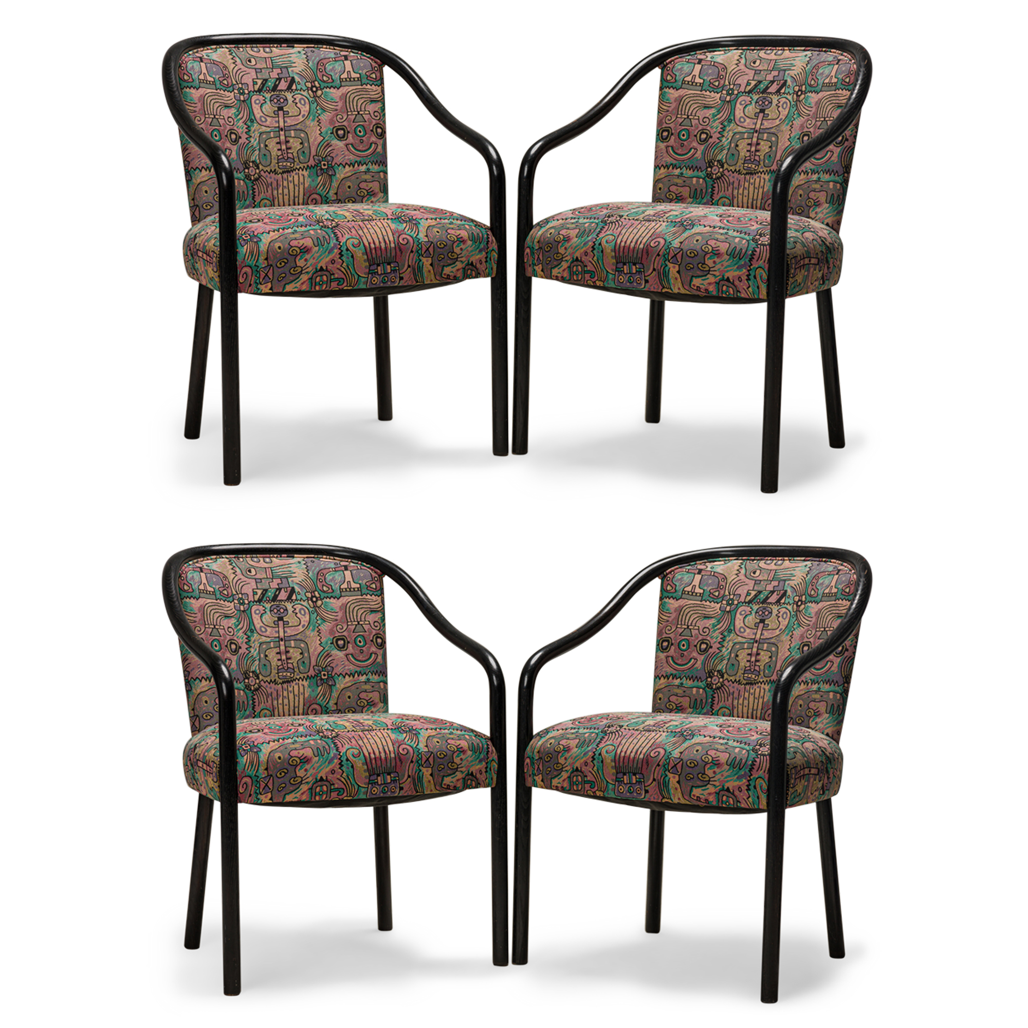 Set of 4 Ward Bennett American Mid Century Multicolor Upholstered Steam Bent Ash Dining Armchairs