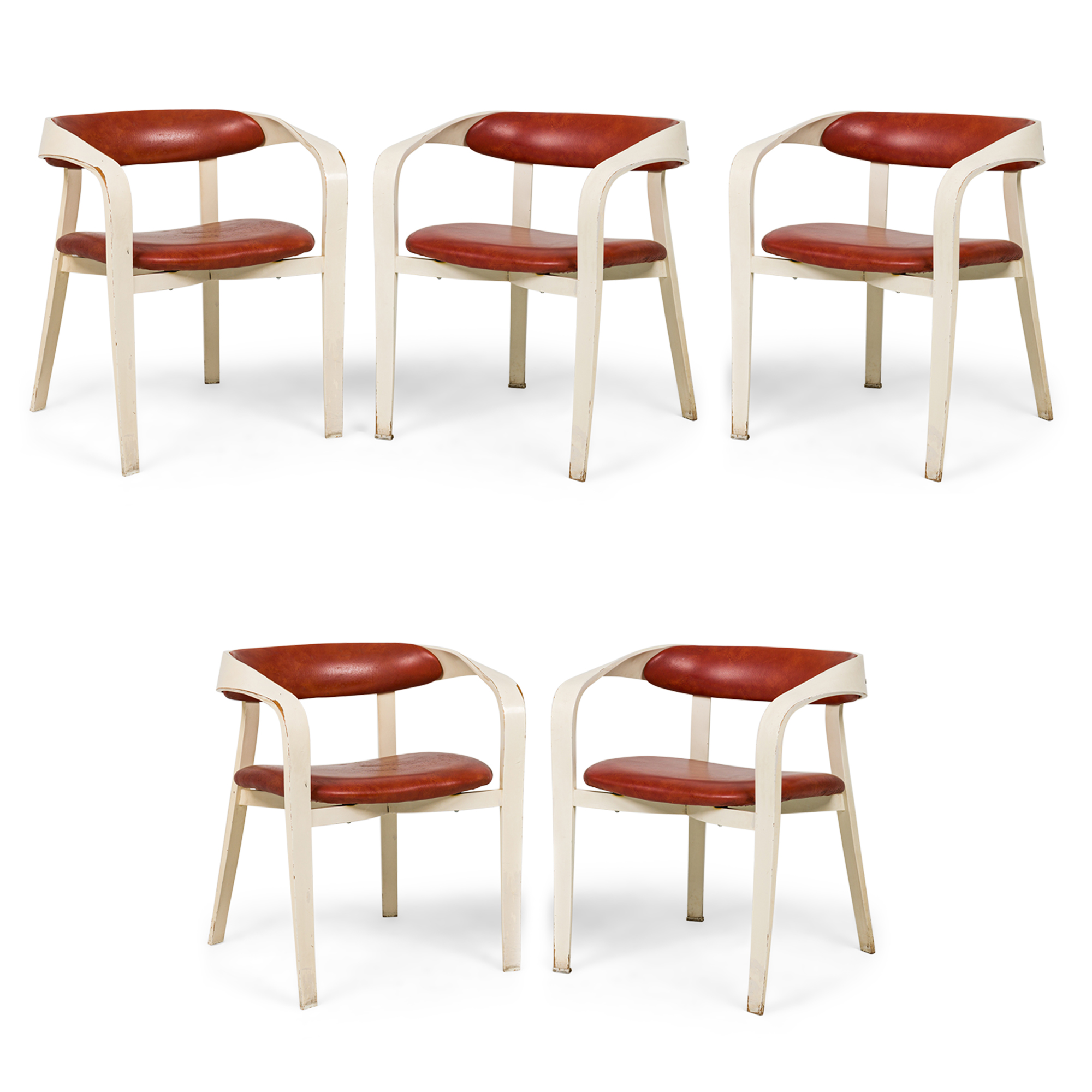 Set of 5 Norman Cherner For Plycraft Mid Century Steam Bent Plywood and Orange Vinyl Arm Chairs