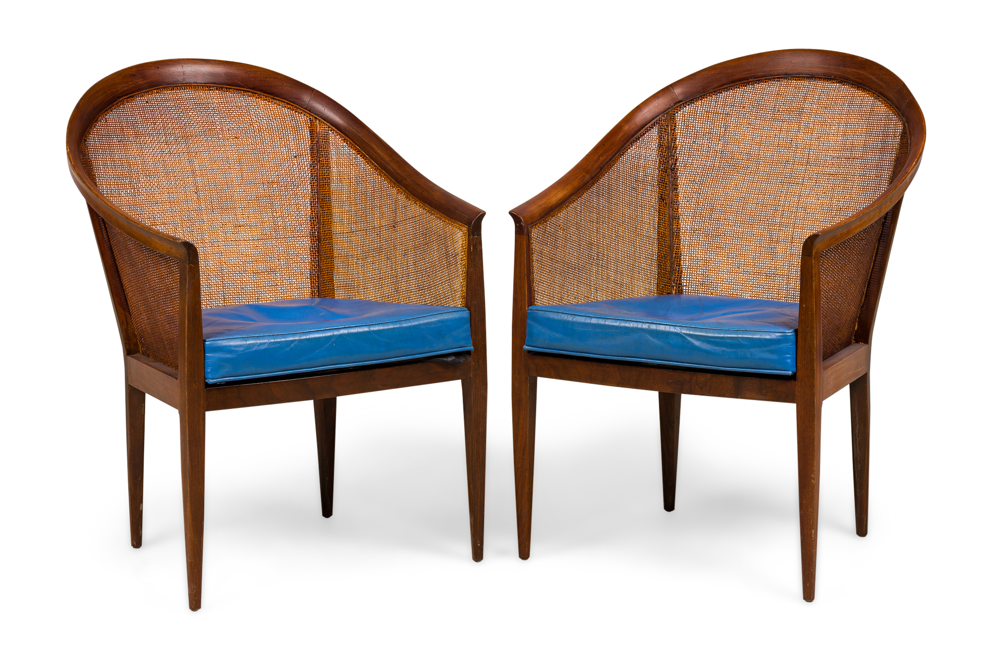 Pair of Kipp Stewart for Directional American Mid Century Walnut, Cane, and Blue Leather Chairs